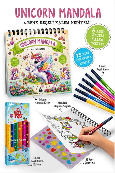 UNİCORN MANDALA 6 RENK KEÇELİ KALEM HEDİYE